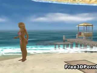 Heet 3d tekenfilm blondine masturberen op de strand